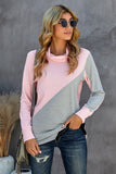Pink Turtle Neck Sloping Color Block Long Sleeve Top
