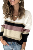 Khaki Casual Color-Block Striped Long Sleeve V Neck Sweater