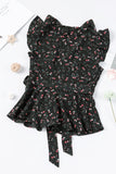 Floral Print Belted Ruffled V Neck Sleeveless Top