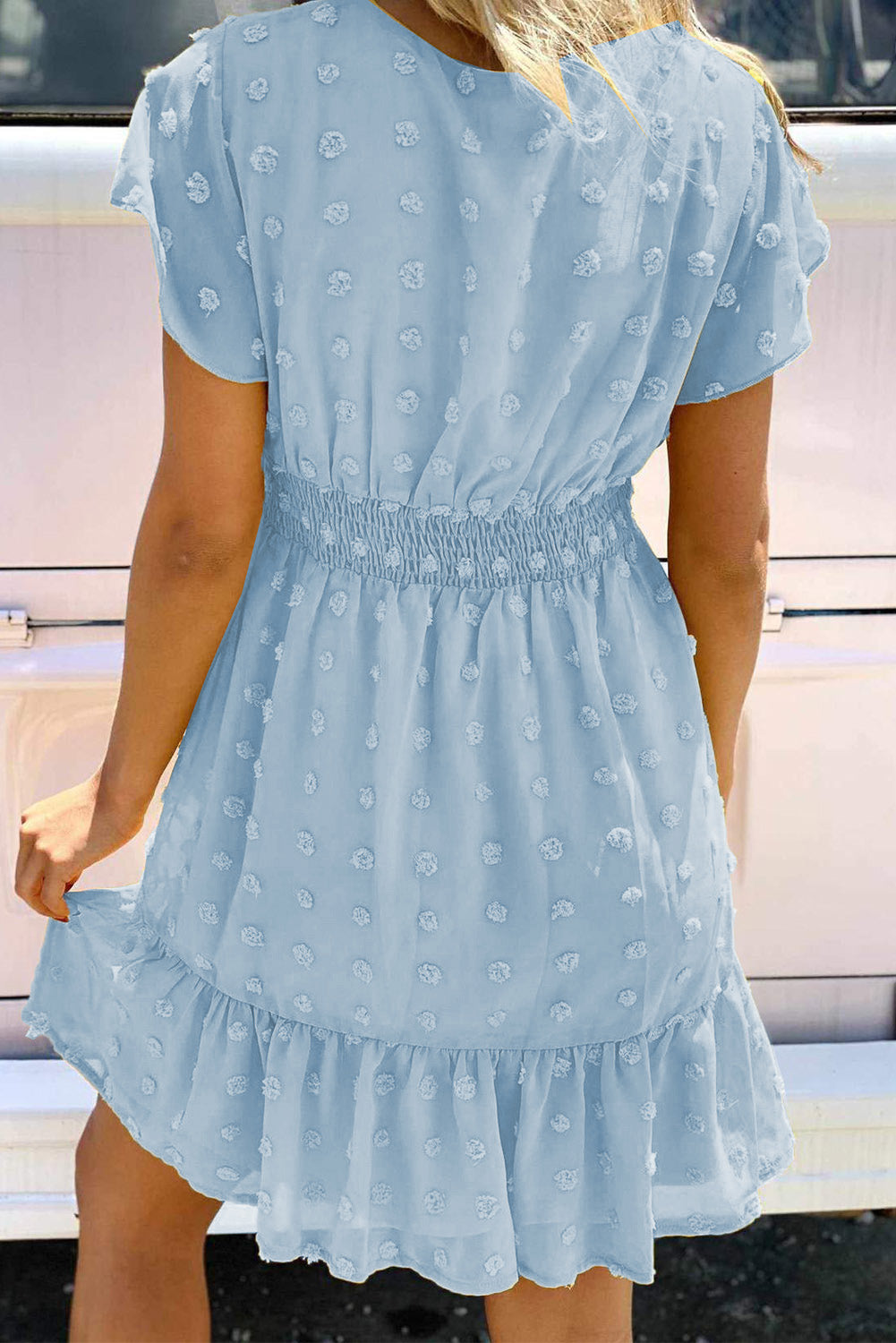 Polka Dot V Neck Ruffled Short Sleeves Mini Dress