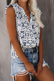 Ruffled Cap Sleeve Printed Split Neck Tank Top