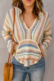 color Striped Knit Kangaroo Pocket Hooded Sweater