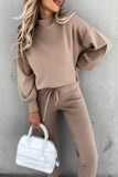Khaki Casual High Neck Drop Shoulder Top and Drawstring Pants Set Jumpsuit