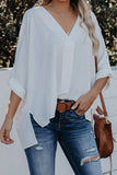 V Neck 3/4 Sleeve High Low Hem Shirt