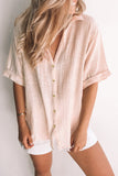 Beige Loose V Neck Button Short Sleeve Shirt