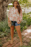 Split V Neck Floral Plus Size Blouse with Ruffles