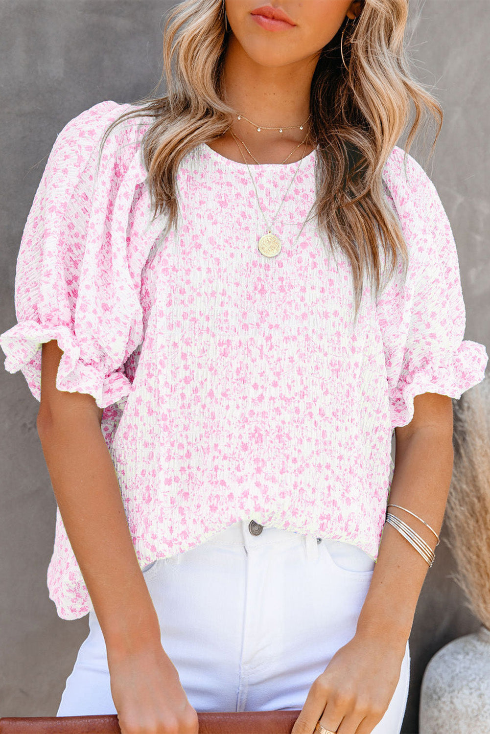 Pink Floral Smocked Puff Sleeve Blouse