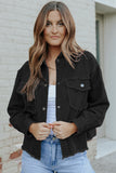 Black Distressed Flap Pockets Frayed Hemline Denim Jacket