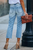 High Rise Button Front Distressed Denim Pants