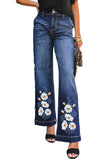 Dark Wash Daisy Print High Waist Flare Jeans