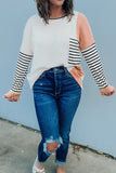 Colorblock Striped Splicing Waffle Knit Long Sleeve Top