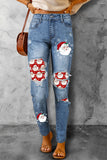 Christmas Santa Clause Pattern Distressed Jeans