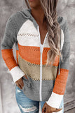 color Zipped Front Colorblock Hollow-out Knit Hoodie