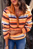 Multicolor Striped Kangaroo Pocket Buttoned Sherpa Sweatshirt