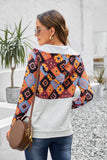 Boho Print Color Block Patchwork Zip Collar Sweatshirt