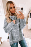 Beige Grid Pattern Turtleneck Sweater