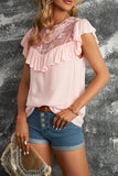 Pink Lace Splicing Ruffled Short Sleeve T-shirt