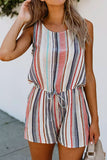 Striped Drawstring O-Neck Sleeveless Romper