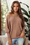 Khaki Slouchy One Shoulder Dolman Sleeves Ribbed Sweater
