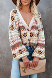 Multicolor Tribal Pattern V Neck Button Front Cardigan