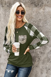 Plaid Splicing Sequined Pocket Long Sleeve Top