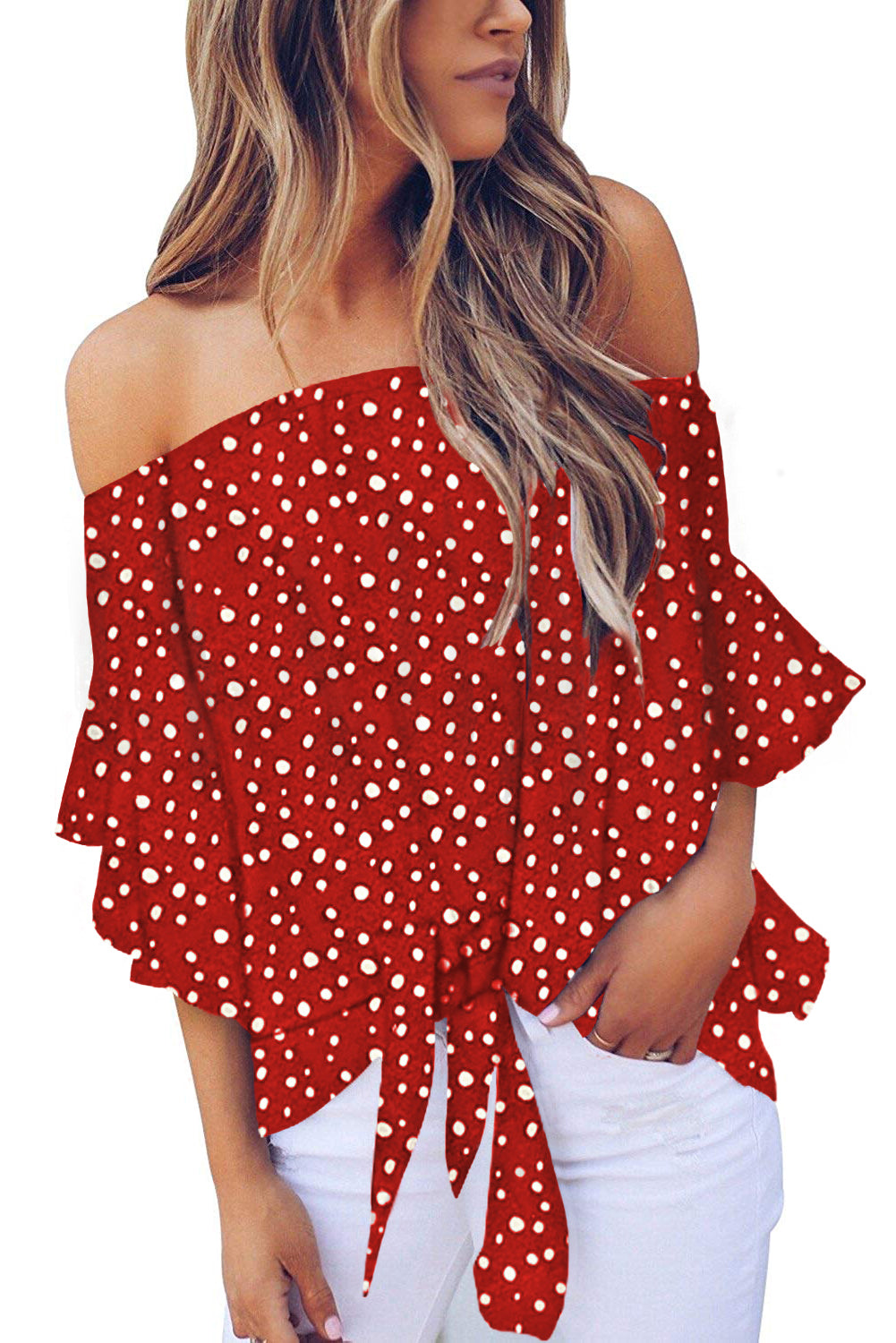 Red polka dot cheap off the shoulder top