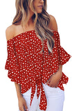 Polka Dot 3/4 Bell Sleeve Off Shoulder Front Tie Knot Top