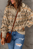 Khaki Aztec Knitted Drop Shoulder Zipped Sweater