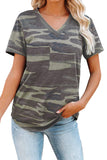Camouflage Print V Neck Tee with Pocket