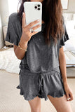 Short Sleeve Drawstring Ruffle Trim Lounge Set