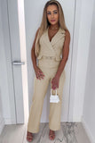 Lapel Wrapped Sleeveless High Waist Jumpsuit with Belt