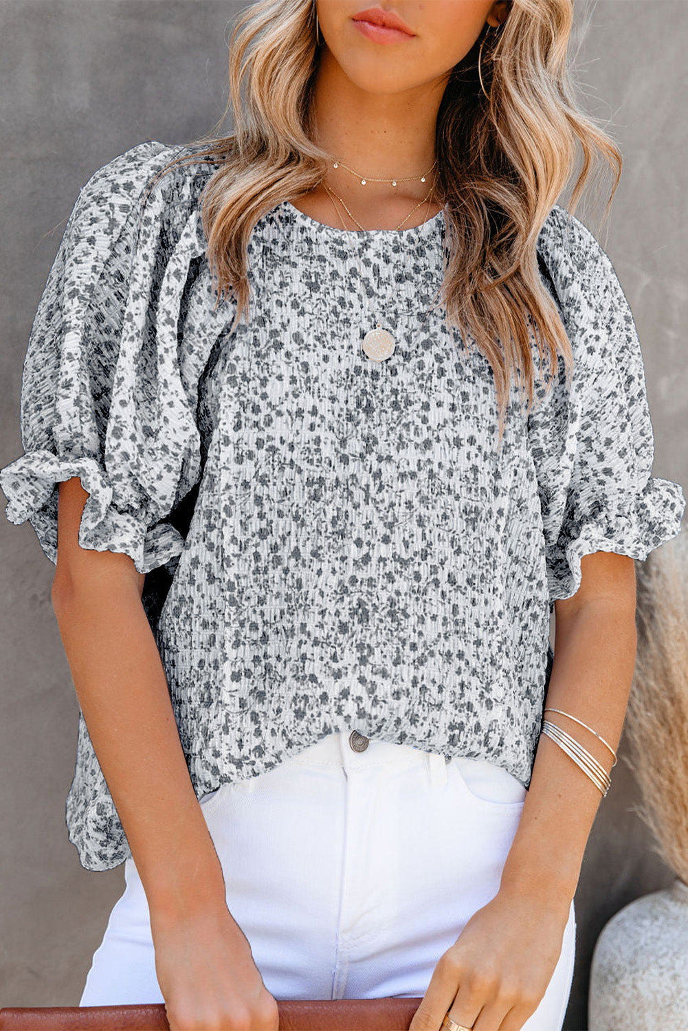 Black Floral Smocked Puff Sleeve Blouse