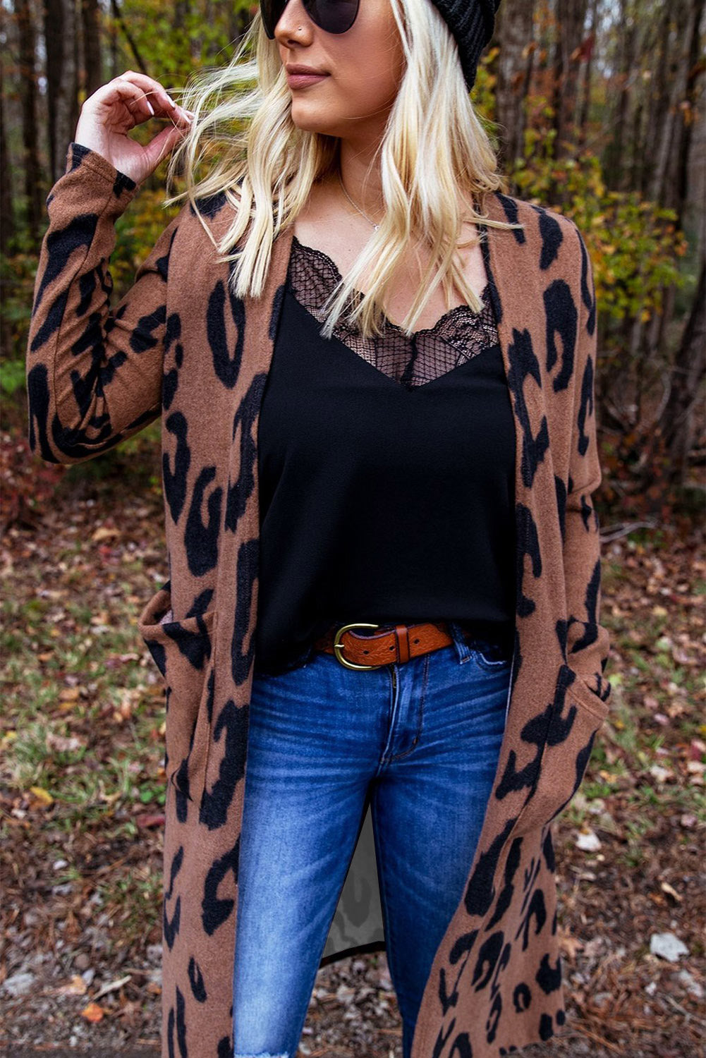 Leopard Print Open Front Cardigan with Pockets