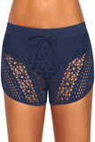Blue Drawstring Waist Lace Panel Plus Size Swimwear Shorts