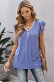 V Neck Buttoned Lace Trim Short Sleeve Tee
