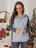Plaid Splicing Kangaroo Pocket Buttoned Hoodie