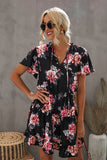 Dotted Print Split Neck Flutter Sleeve Flowy Tunic Mini Dress