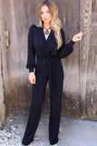 V Neck Wrap Waist Tie Long Sleeve Jumpsuit