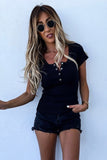 Scoop Neck Buttoned Front Ribbed Knit Short Sleeve Top