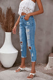 Light Blue Washed Ripped Straight Legs Jeans