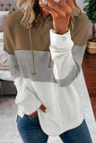 Khaki Drawstring Color Block Stripe Casual Hoodie