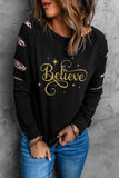 Believe Glitter Print Leopard Patchwork Pullover Sweatshirt