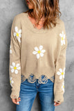 Khaki Daisy Pattern Knit Distressed Sweater