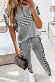 Plaid Splicing Short Sleeve Top and Elastic Waist Pants Set