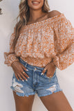 Orange Ruffled Shirred Off Shoulder Floral Top