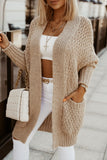 Khaki Open Front Pocket Casual Knitted Sweater