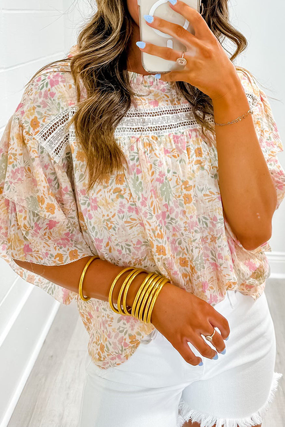 Floral Print Wide Ruffle Sleeves Blouse