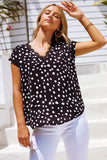 Black Polka Dot Scalloped V Neck Short Sleeves Top