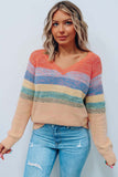 Multicolor Striped V Neck Pullover Sweater