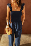 Blue Flutter Sleeve Smocked Wide Leg Jumpsuit